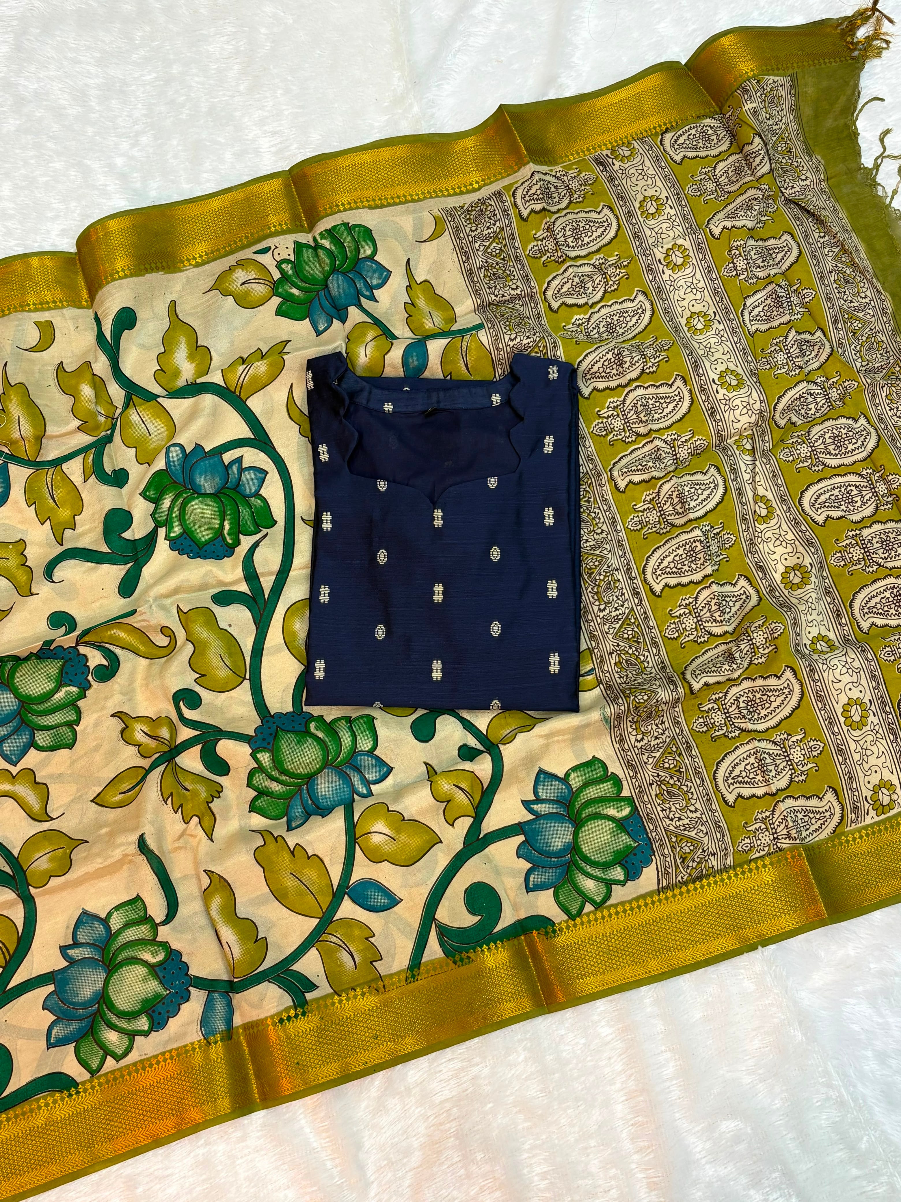 Navy Blue Raw silk Kalamkari