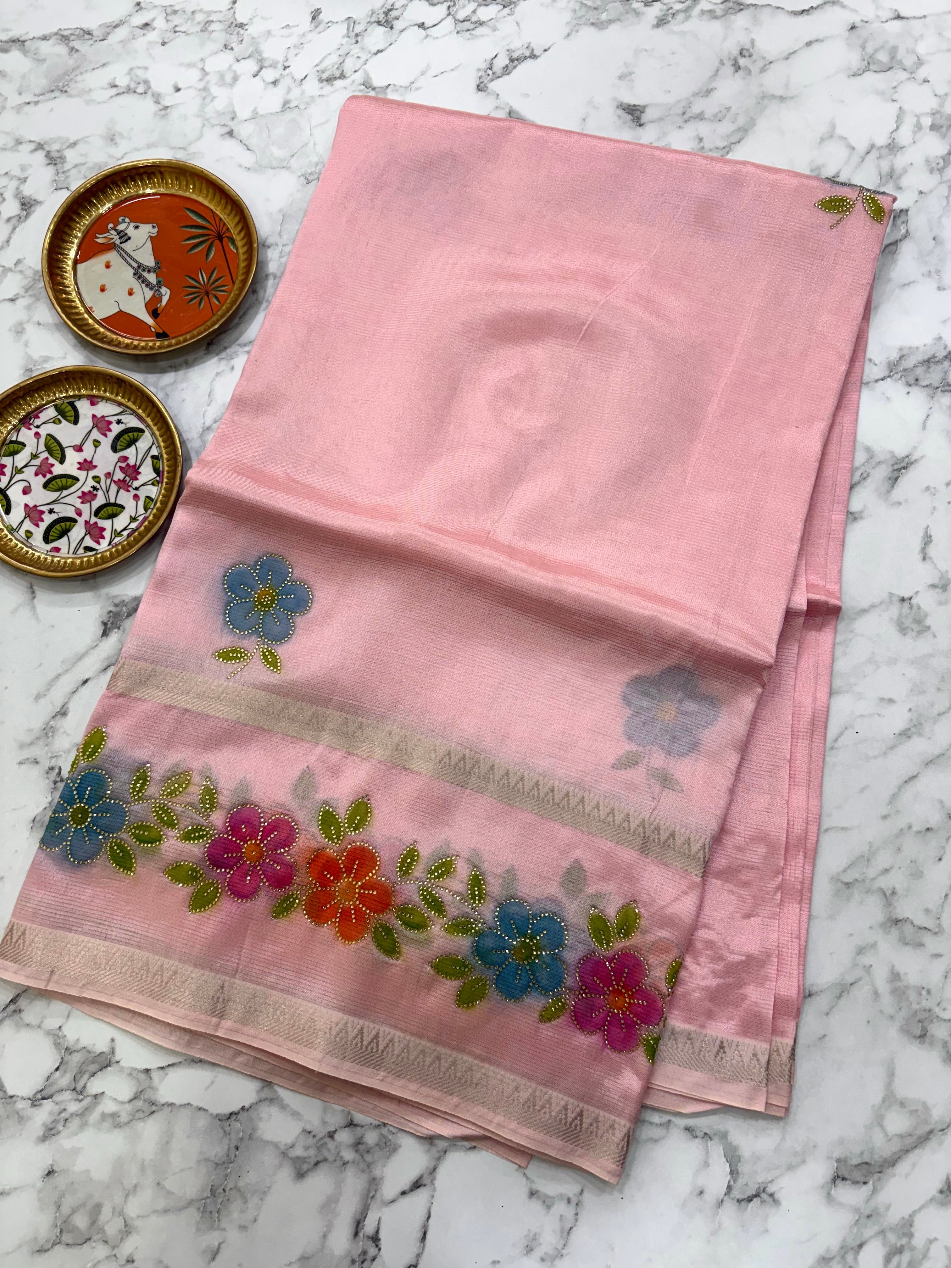 Baby  Pink Brush Paint Mangalagiri Pattu