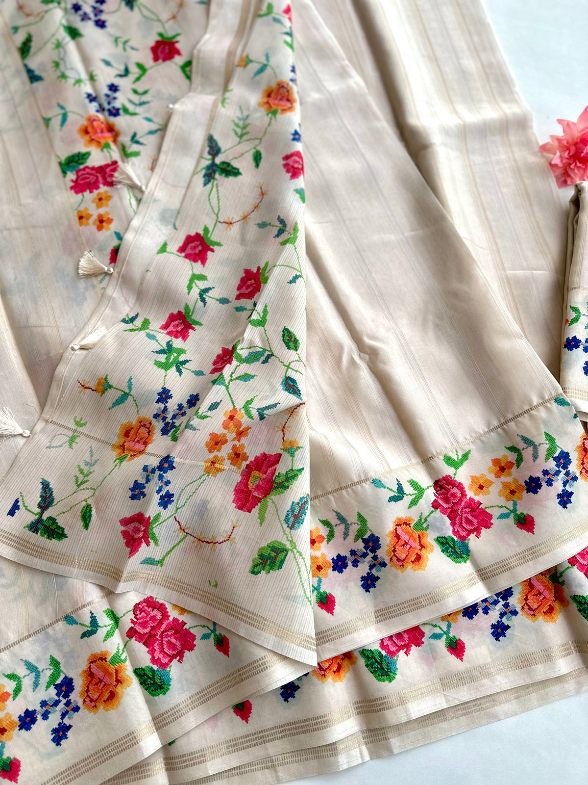 Ivory Pearl Floral Saree