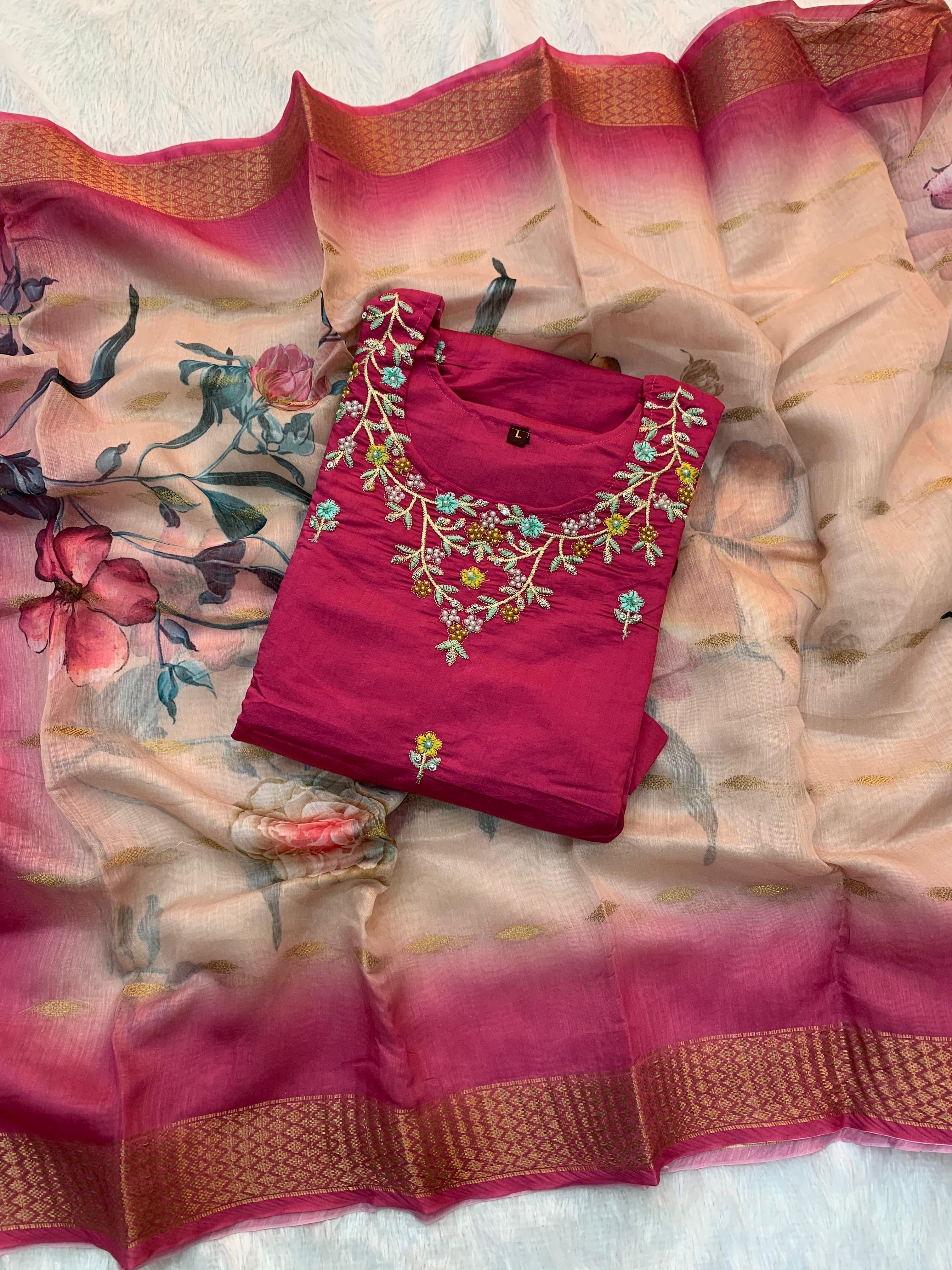 Roman silk Maggam work Kurti set