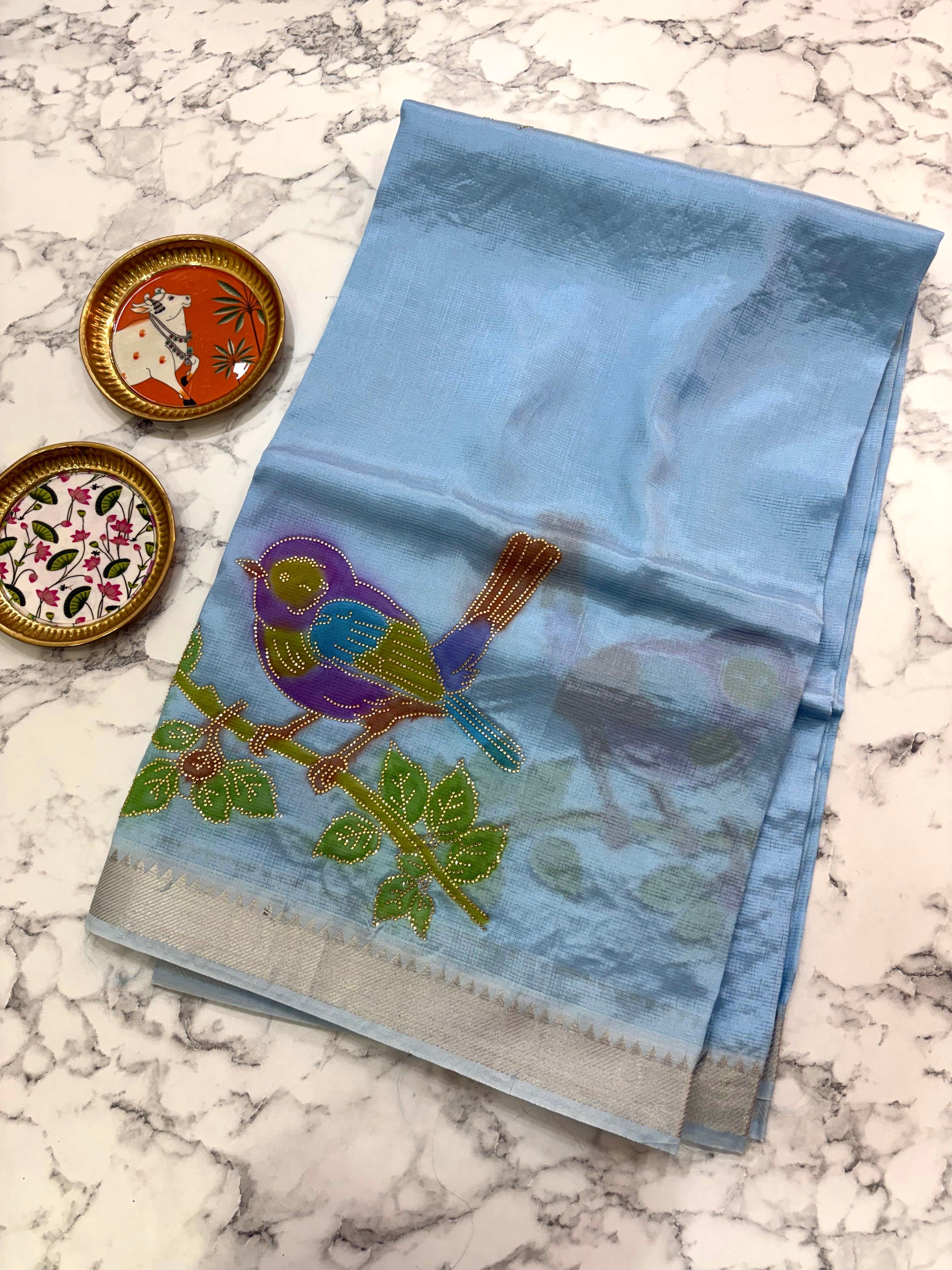 Pastel Blue Brush Paint Mangalagiri Pattu