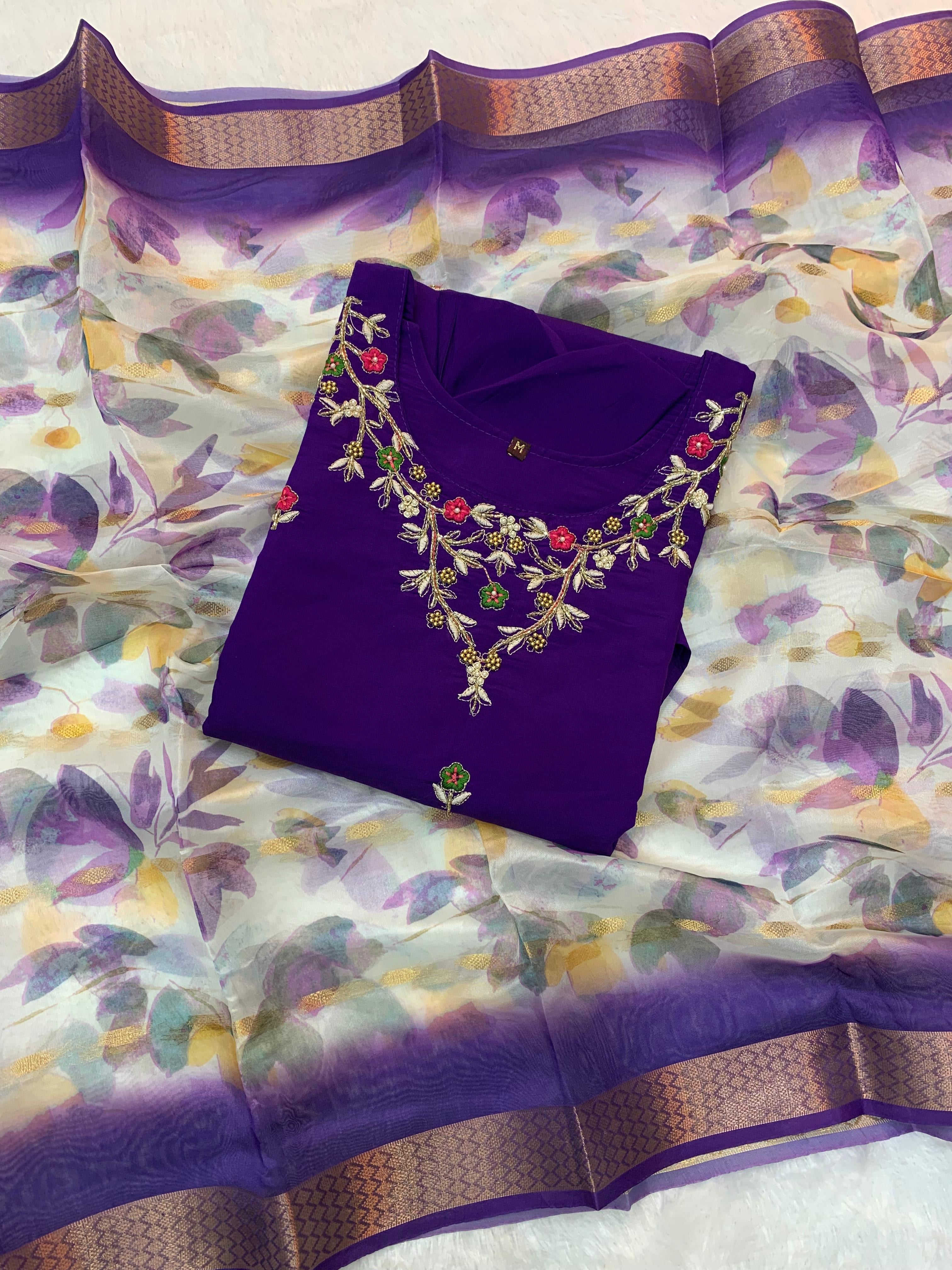 Roman silk Maggam work Kurti set