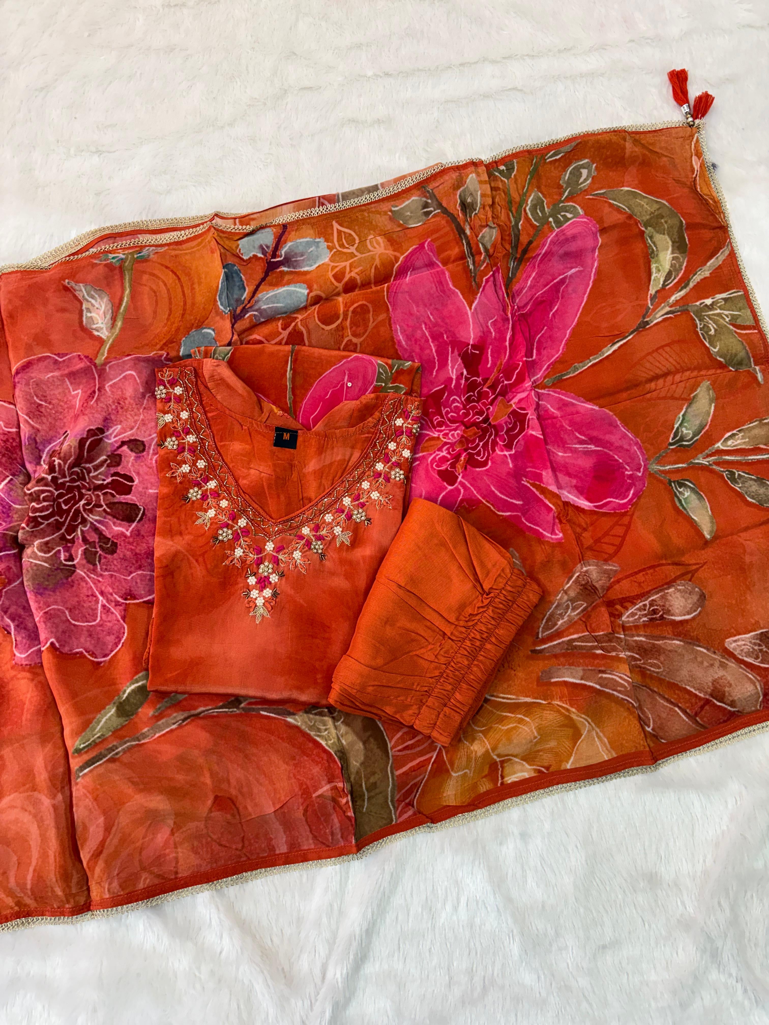 Orange Designer Kurti Set