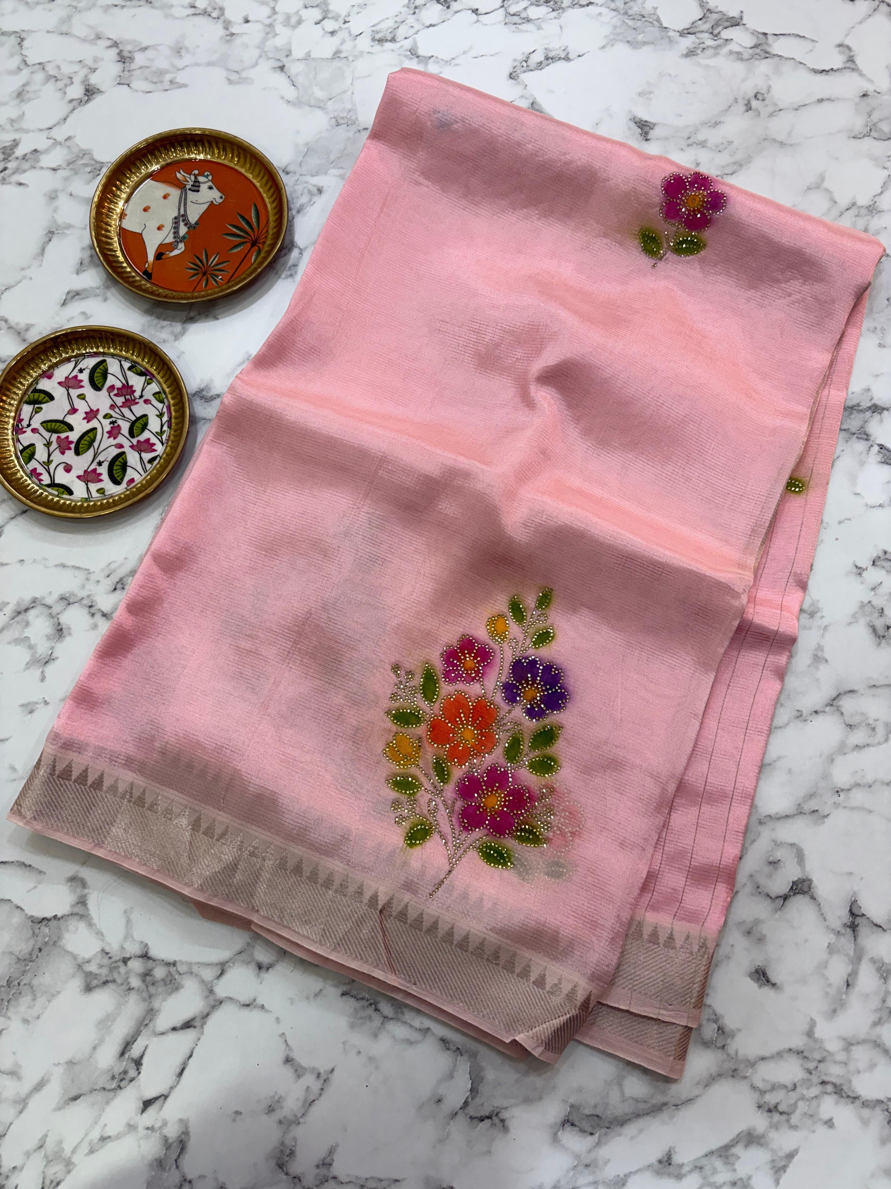 Baby Pink Brush Paint Mangalagiri Pattu