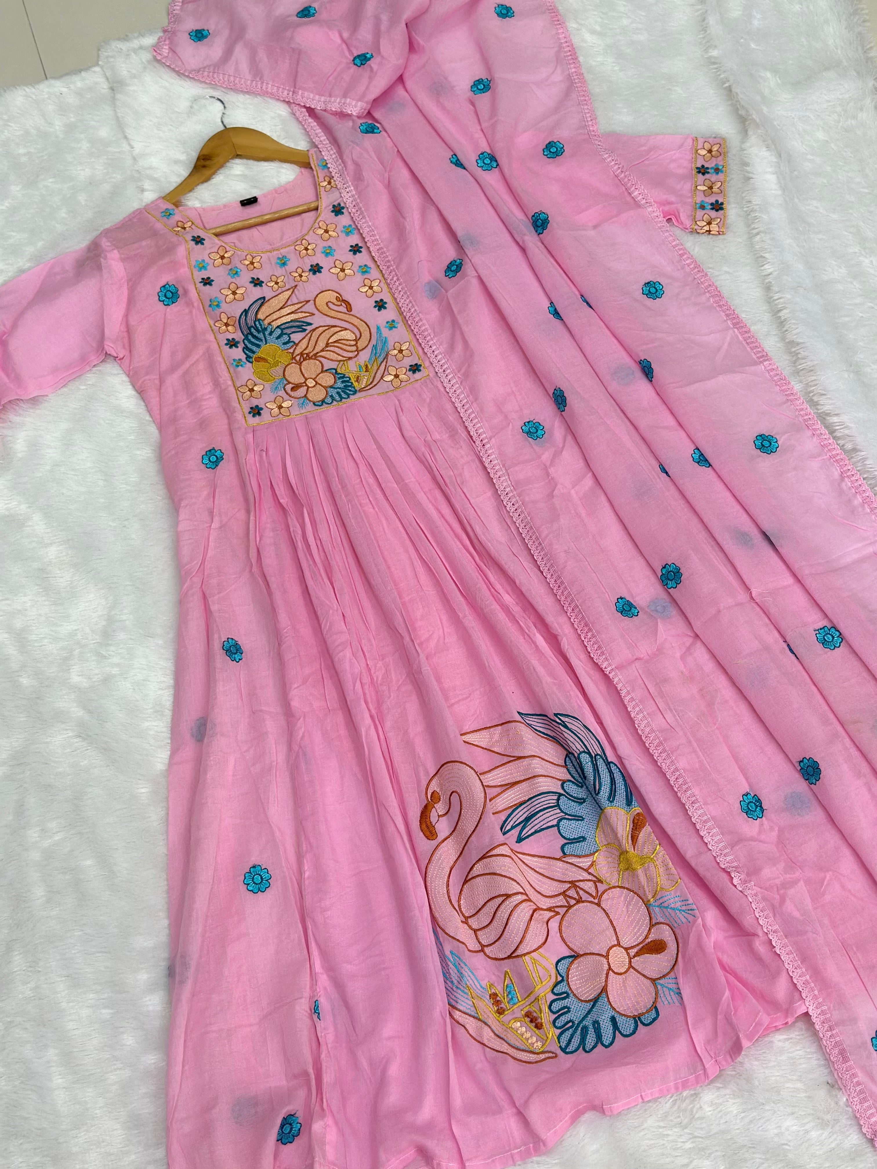 Pastel Mul Cotton Embroidery Anarkali