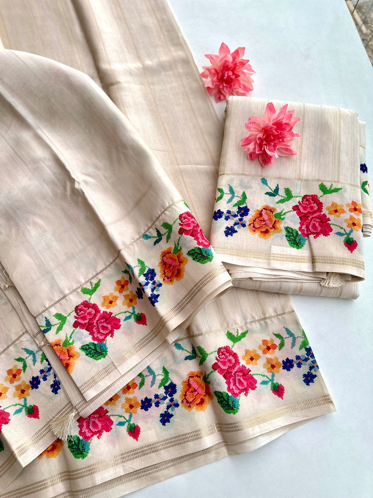 Ivory Pearl Floral Saree