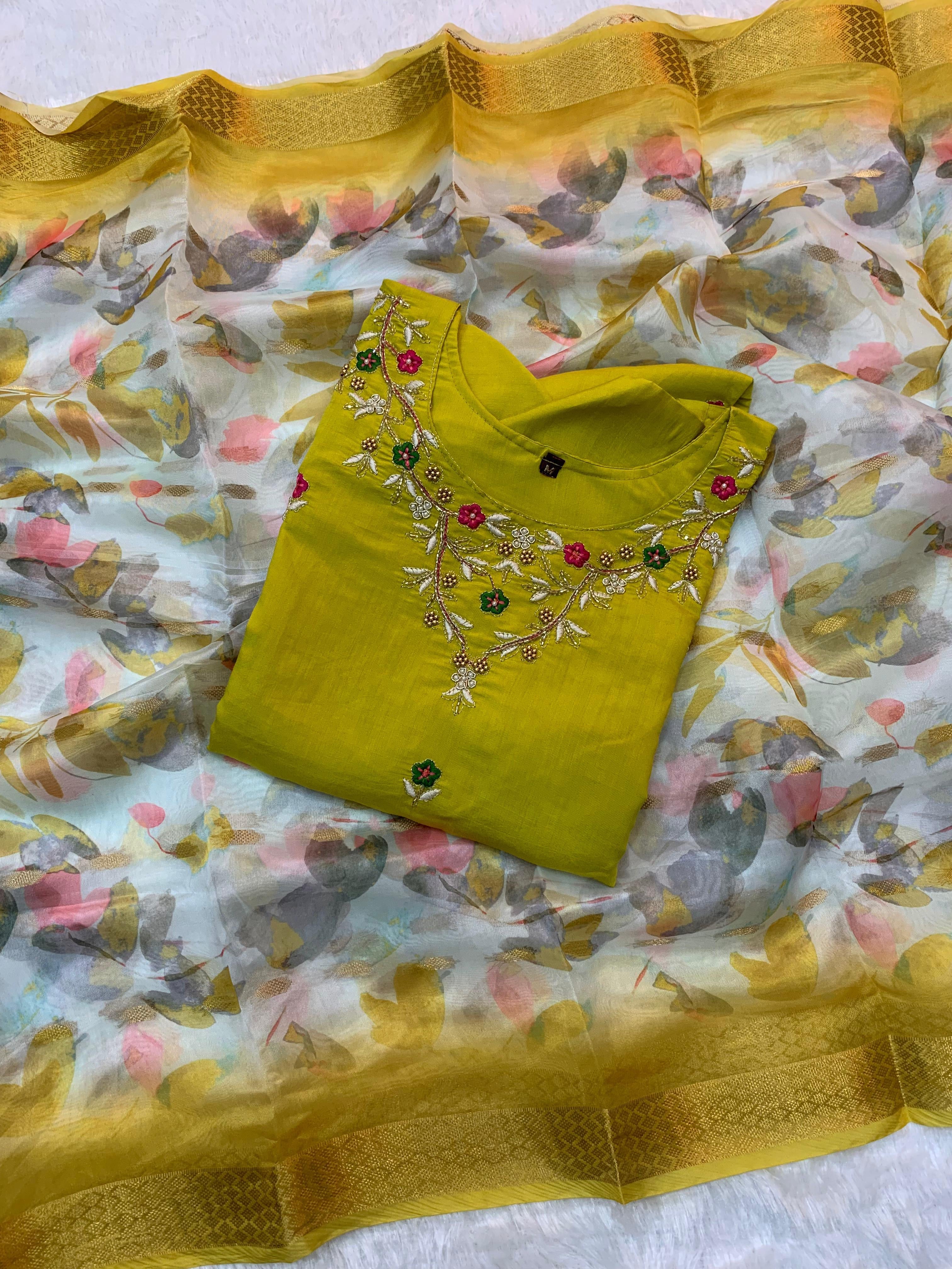 Roman silk Maggam work Kurti set