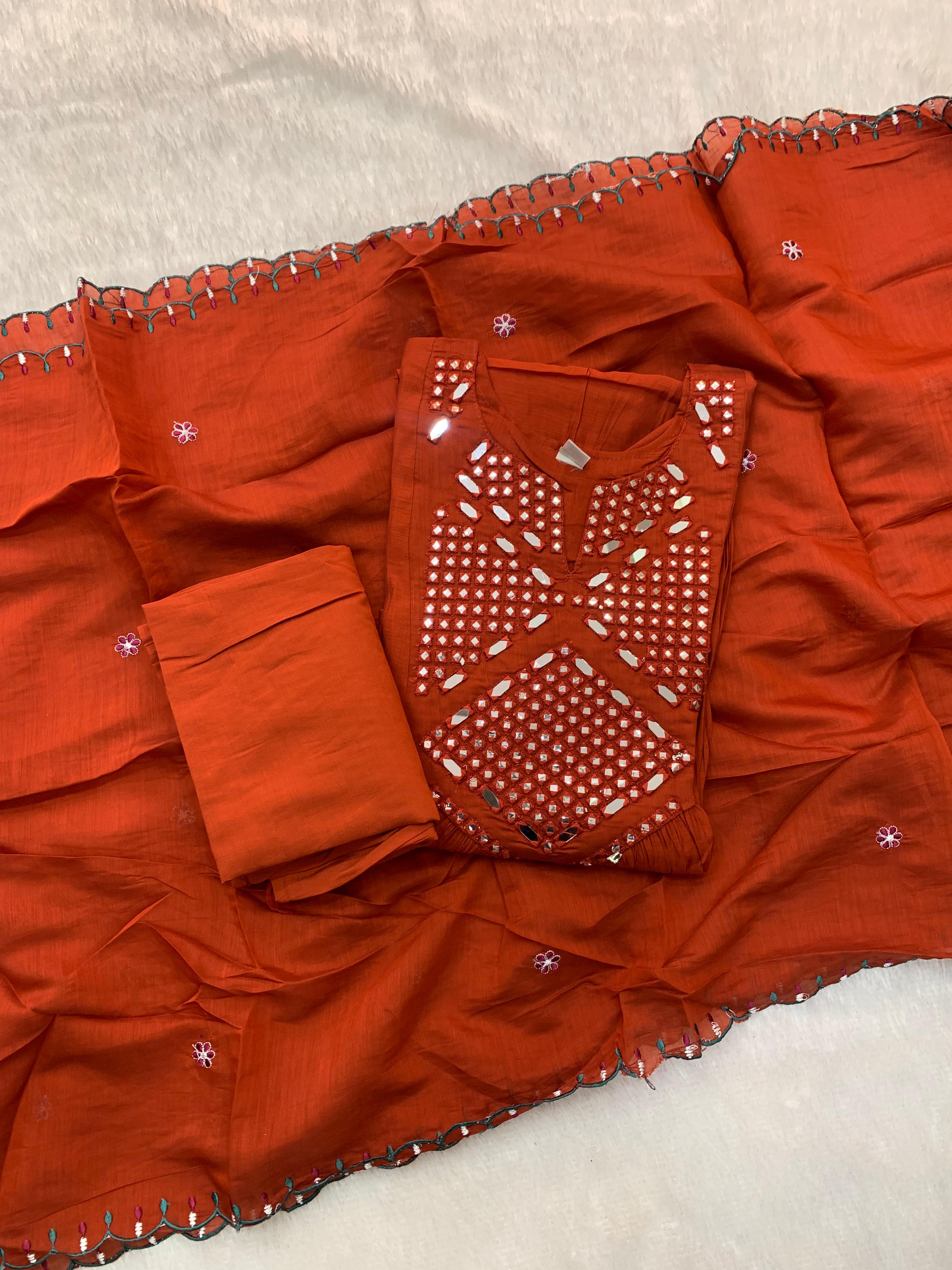 Mul Chanderi Mirror Work Anarkali