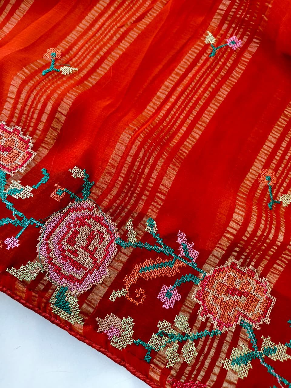 Rust Orange Embroidery Saree