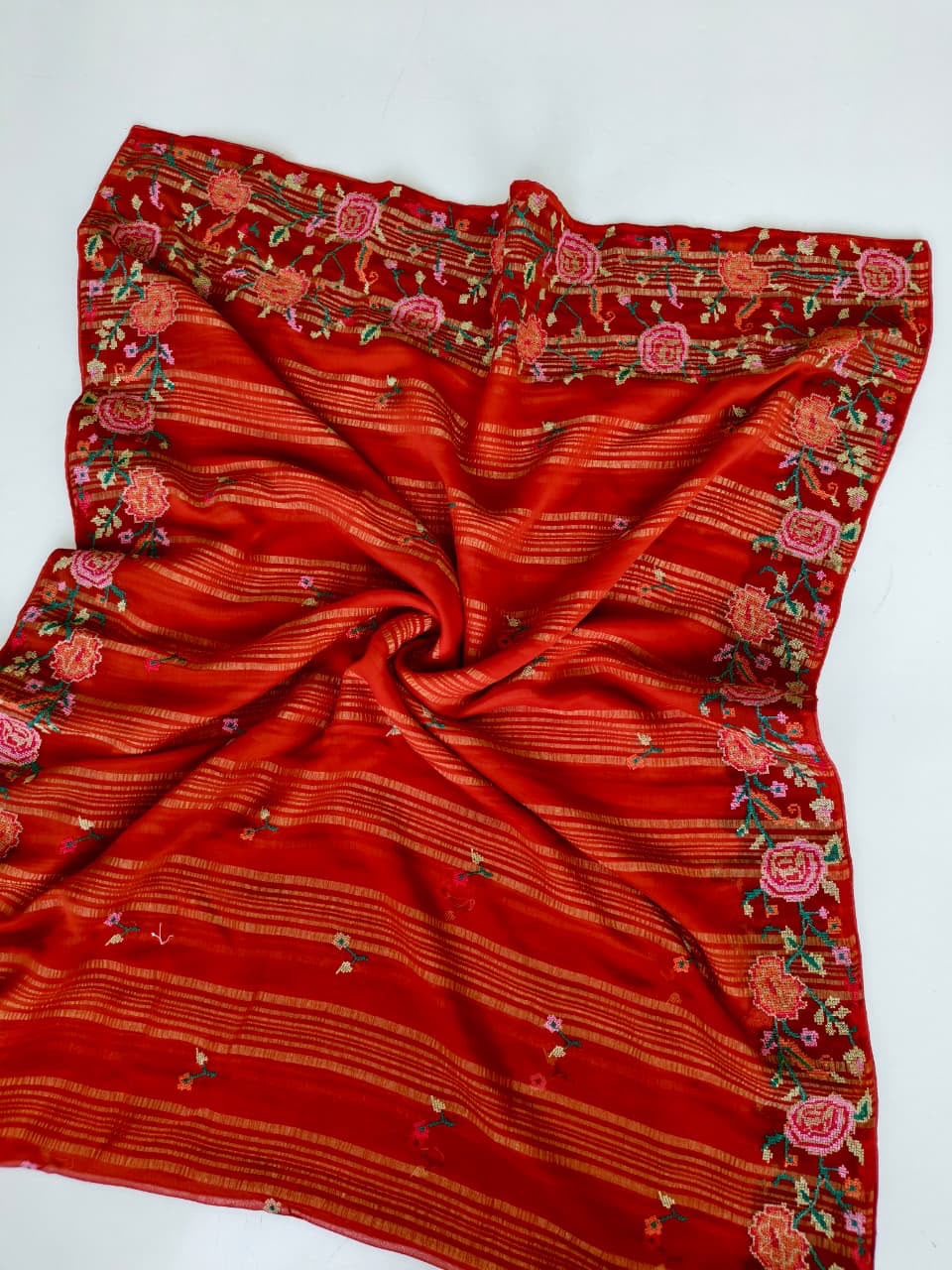 Rust Orange Embroidery Saree