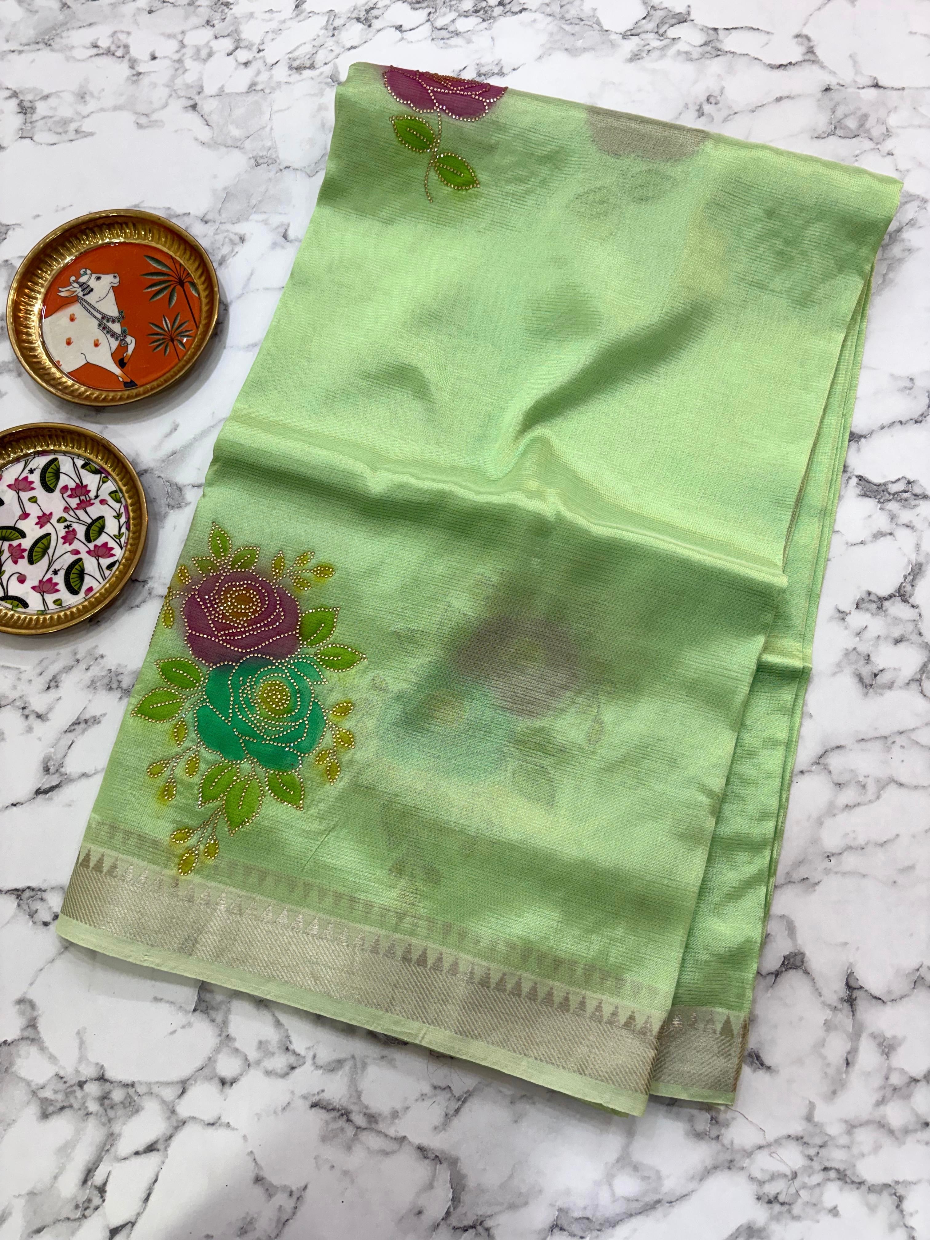 Pastel Green  Brush Paint Mangalagiri Pattu