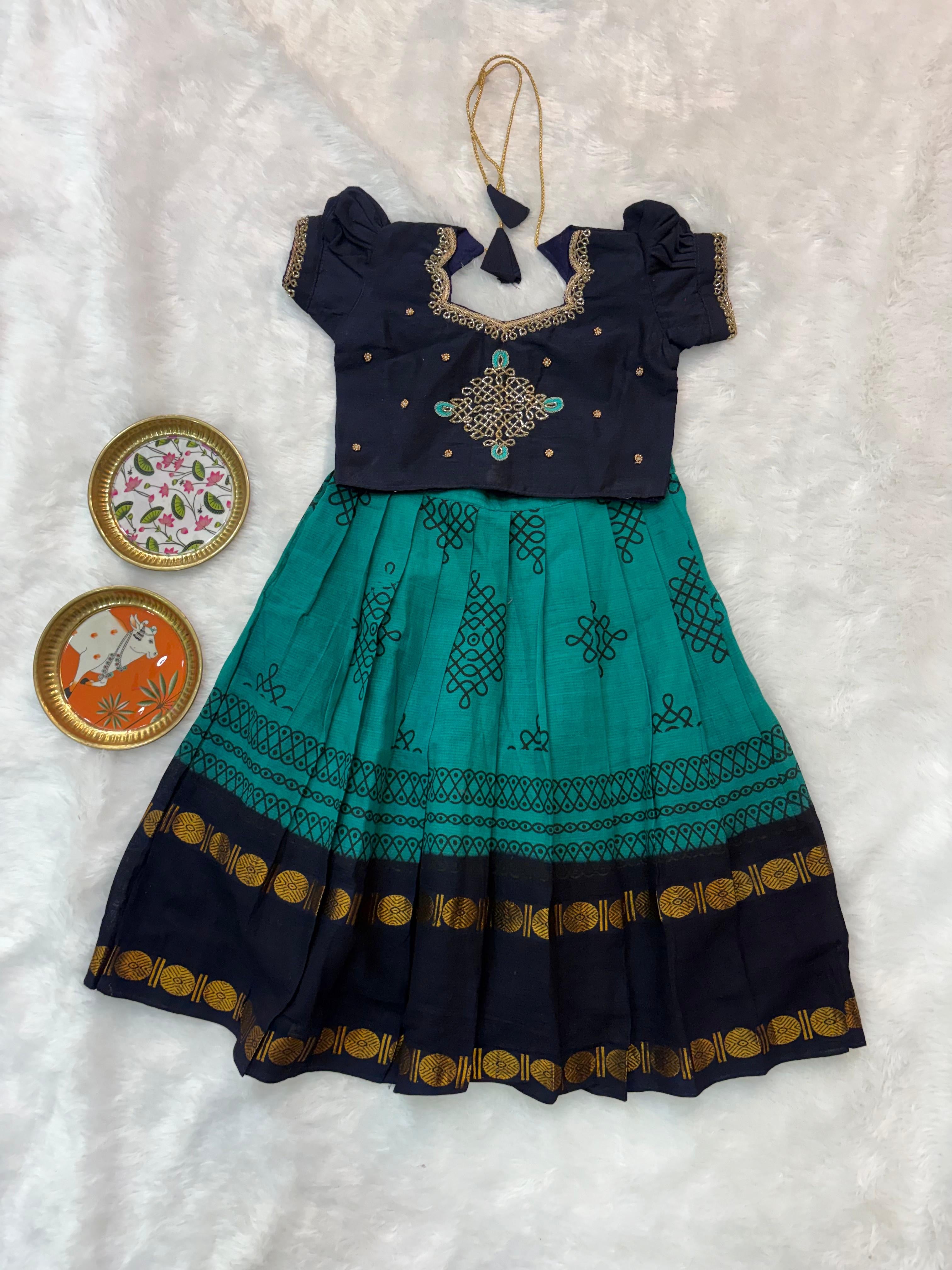 Muggu Design Maggam Work Lehenga