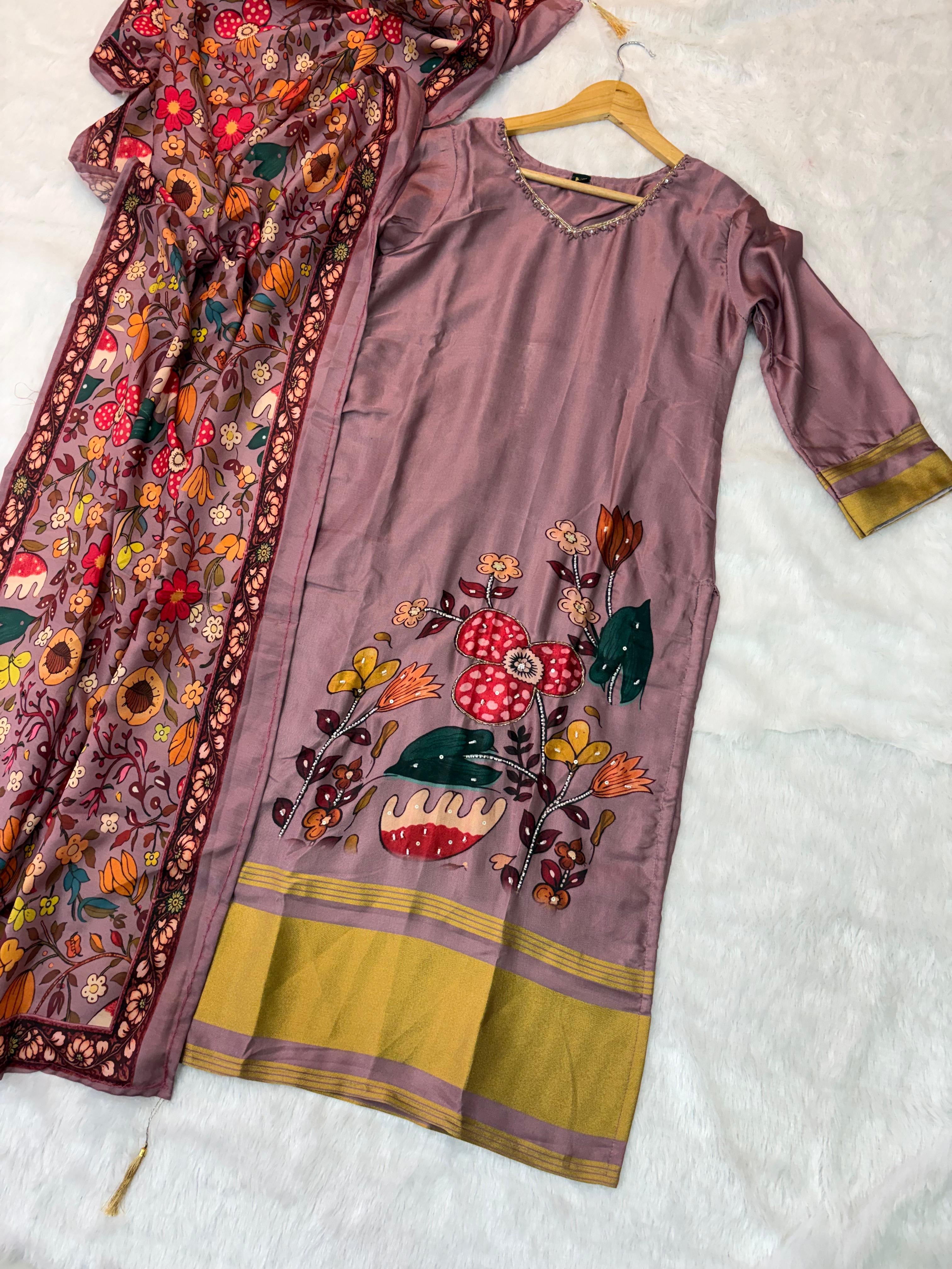 Onion pink Kalamkari Kurti set