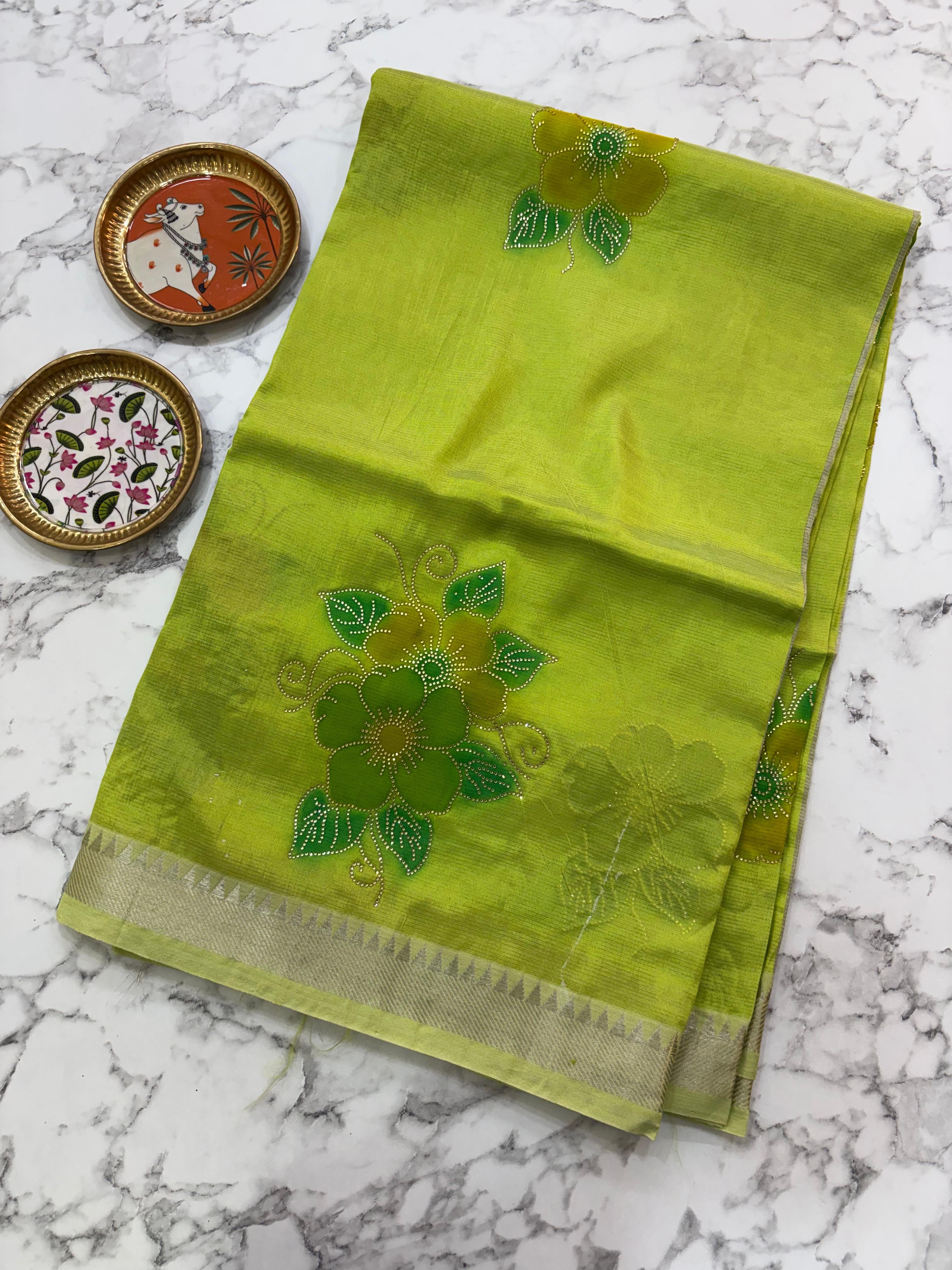 Parrot Green Brush Paint Mangalagiri Pattu