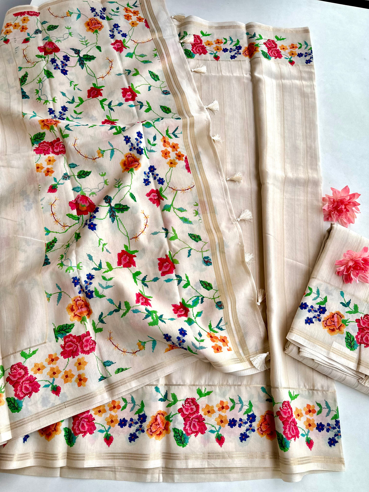Ivory Pearl Floral Saree