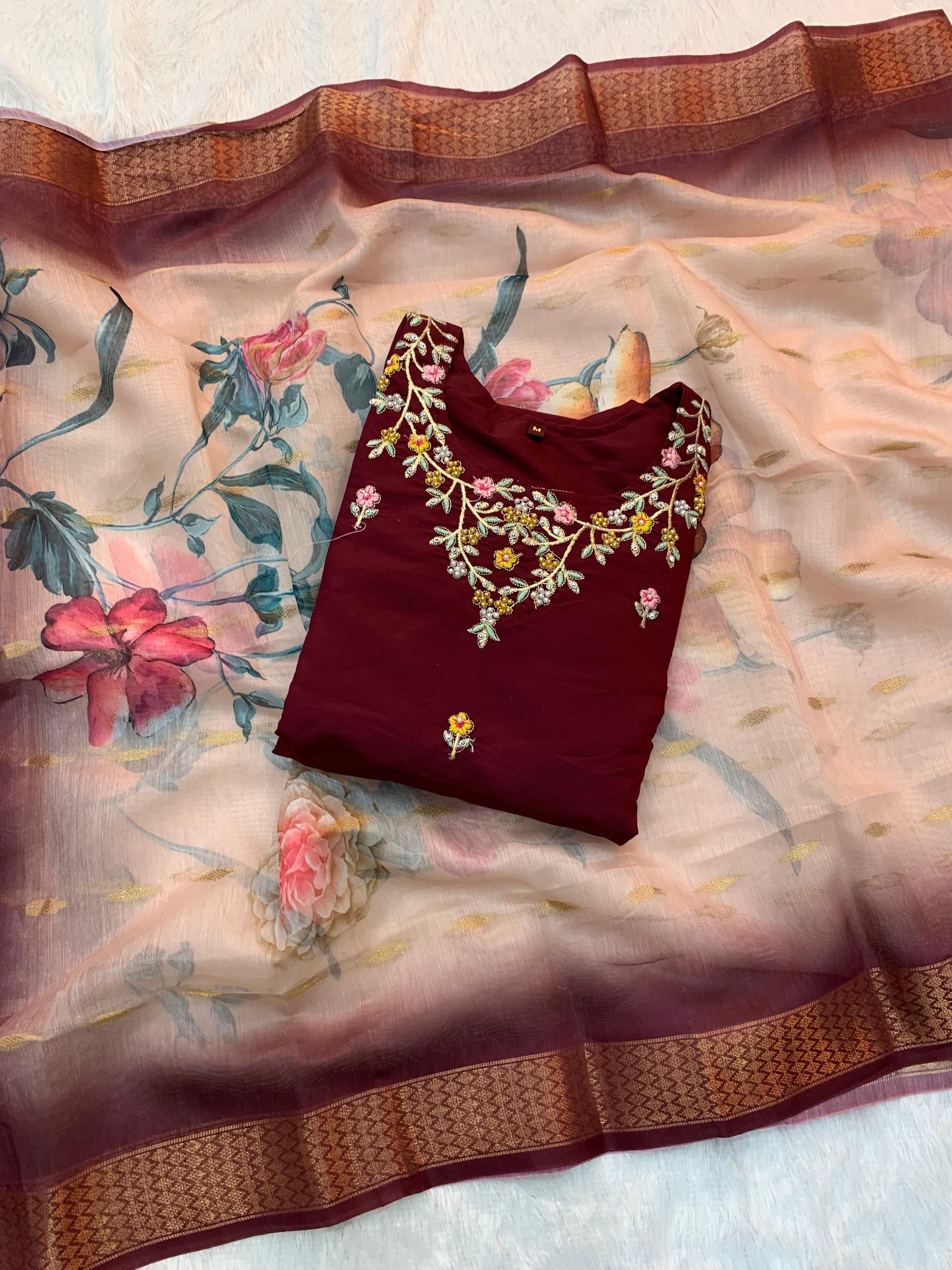 Roman silk Maggam work Kurti set