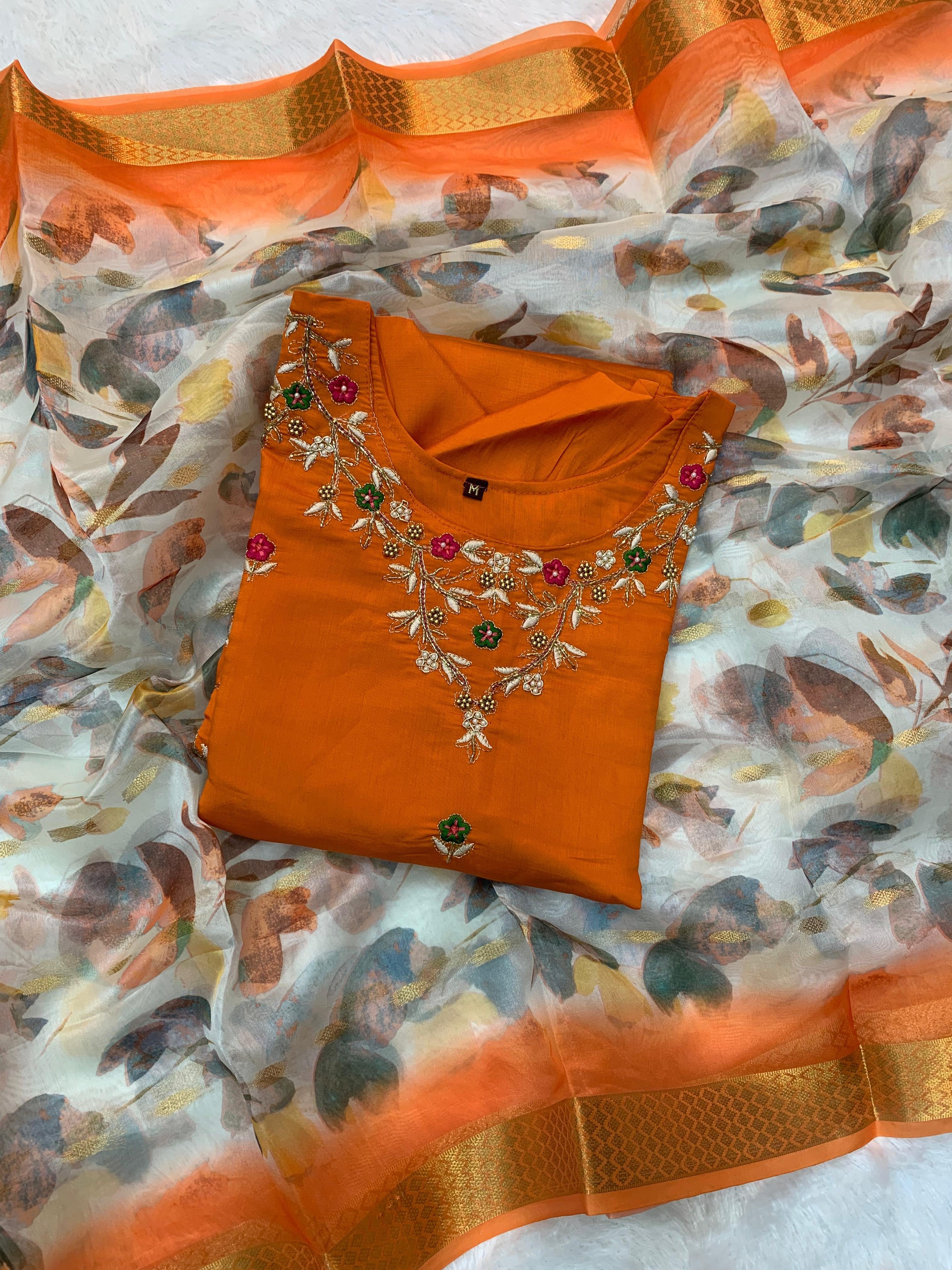 Roman silk Maggam work Kurti set
