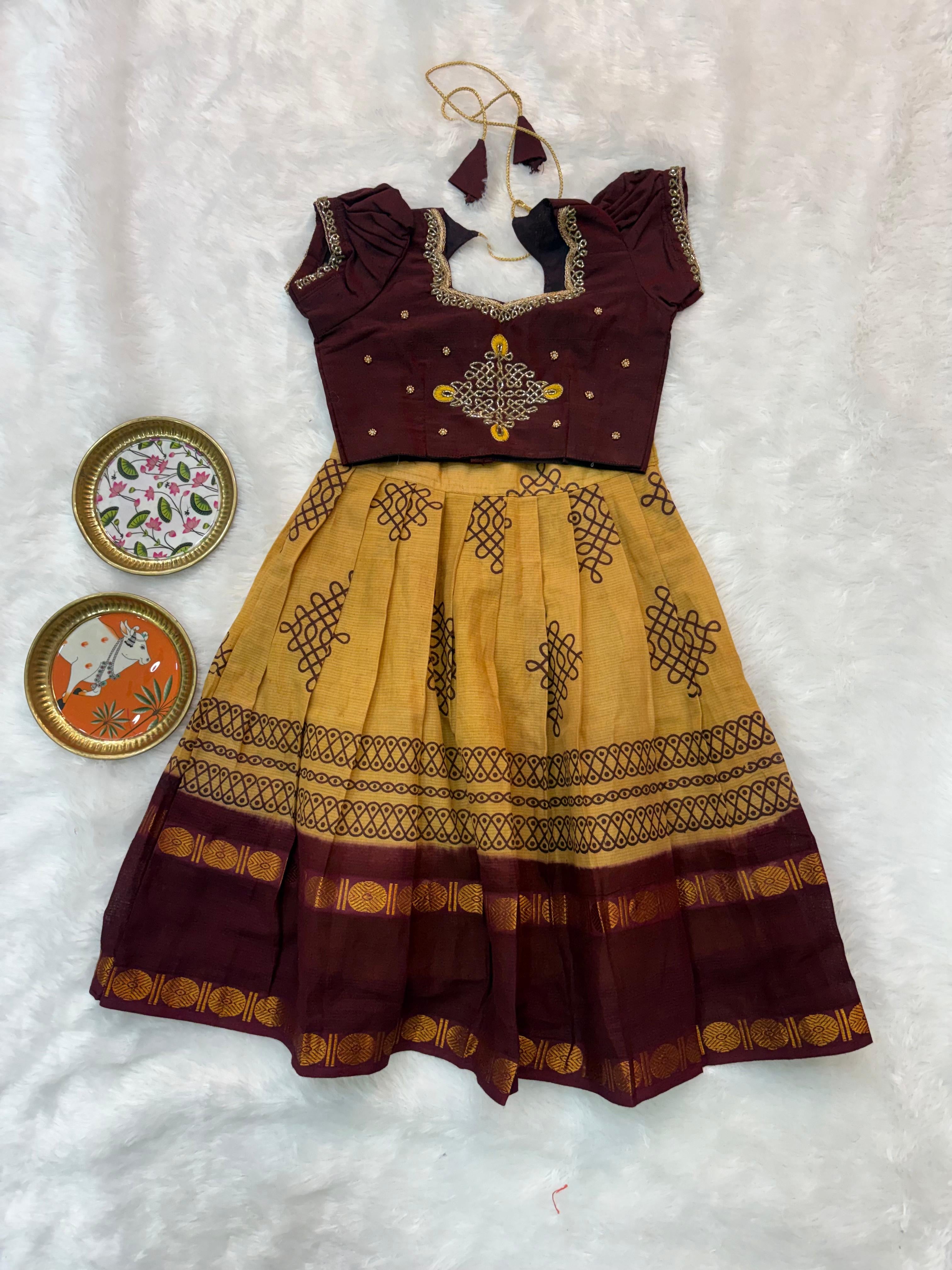 Muggu Design Maggam Work Lehenga