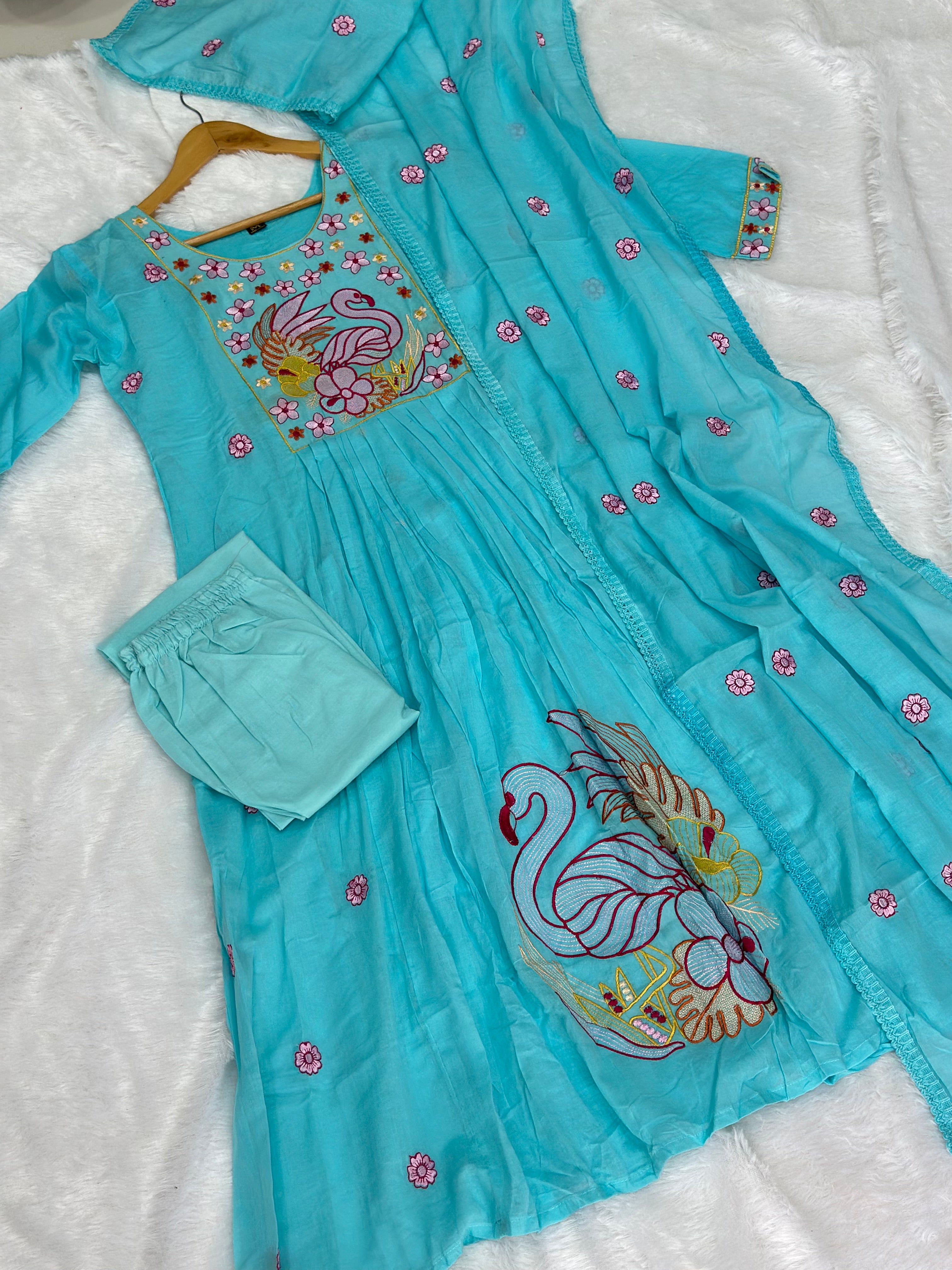 Pastel Mul Cotton Embroidery Anarkali