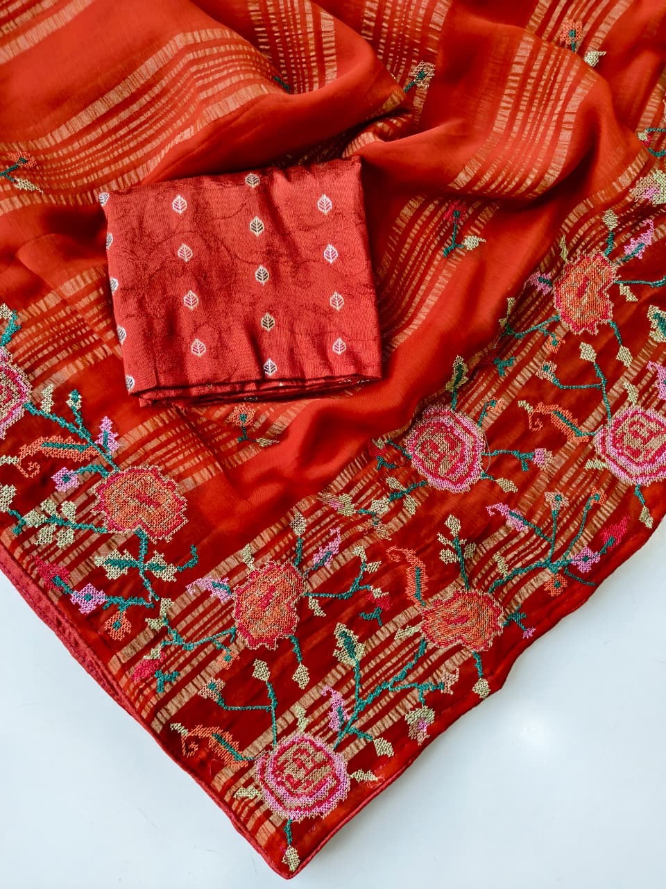 Rust Orange Embroidery Saree